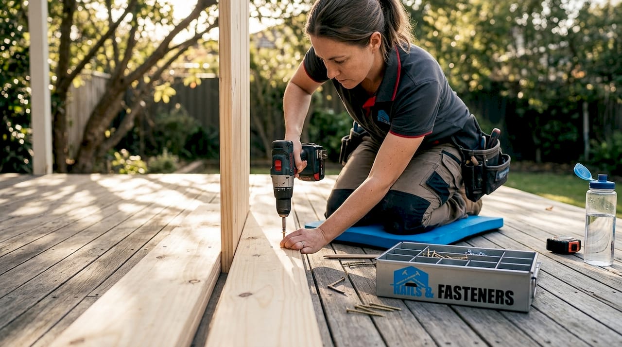 Woman drives screw into pine boards on deck