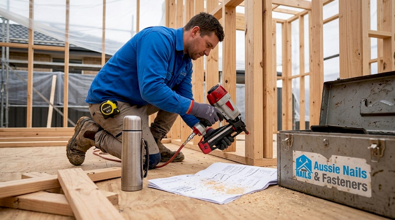 Builder using nail gun on timber frame with framing nails