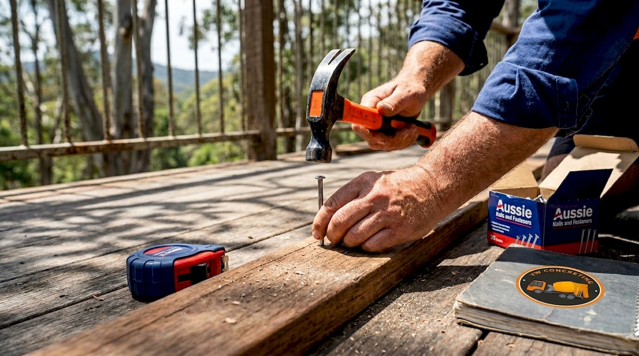 Hands nailing deck board with decking nails