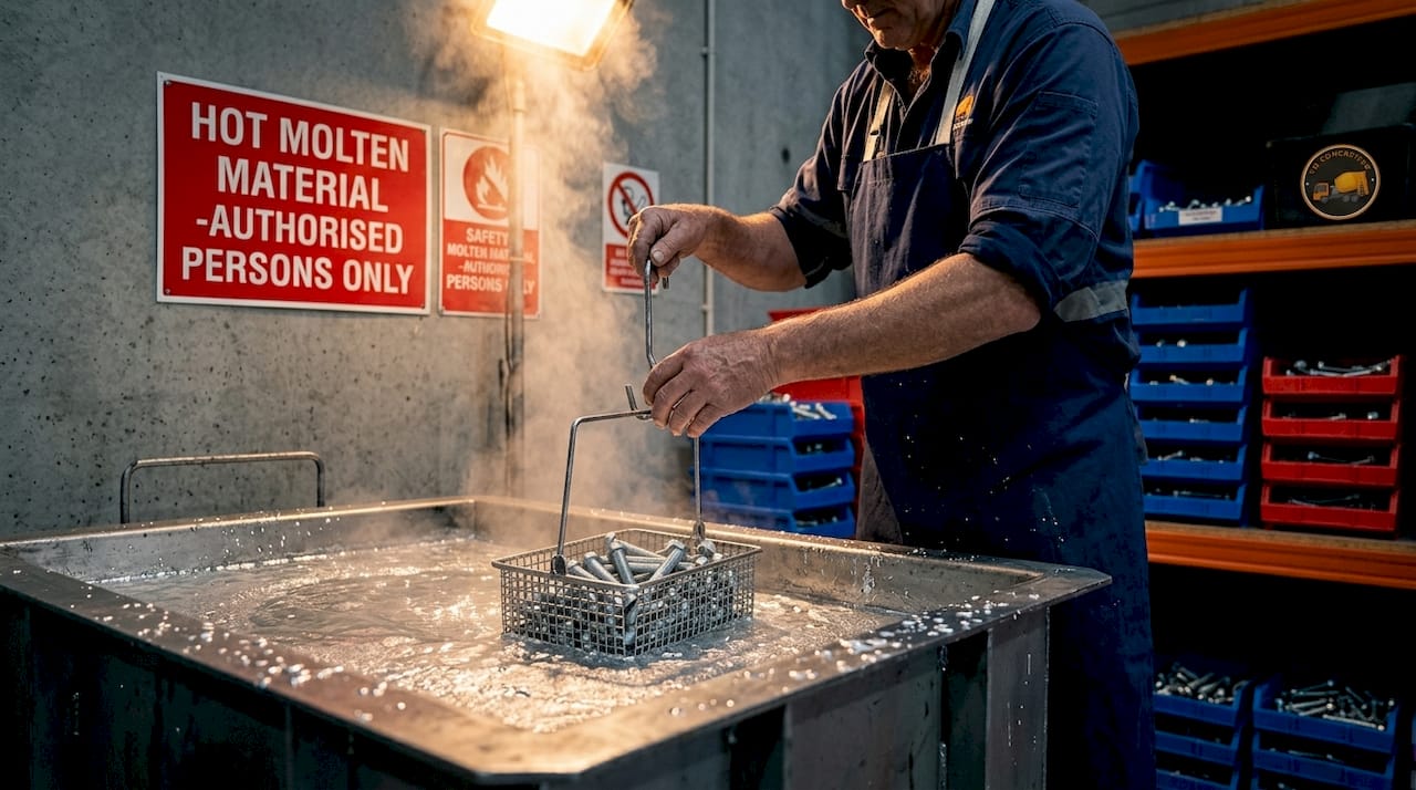 Technician dipping steel fasteners in molten zinc bath