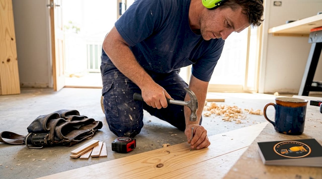 Hands guiding nail into predrilled subfloor