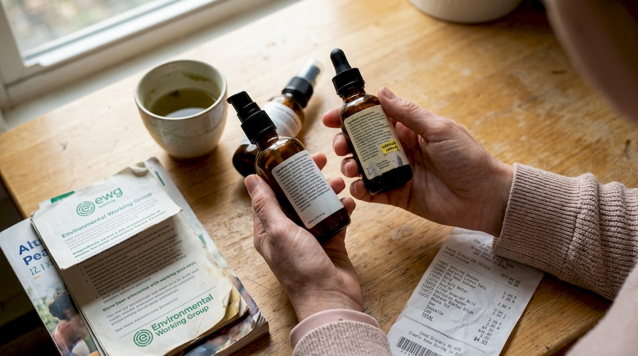 Hands comparing skincare ingredient labels