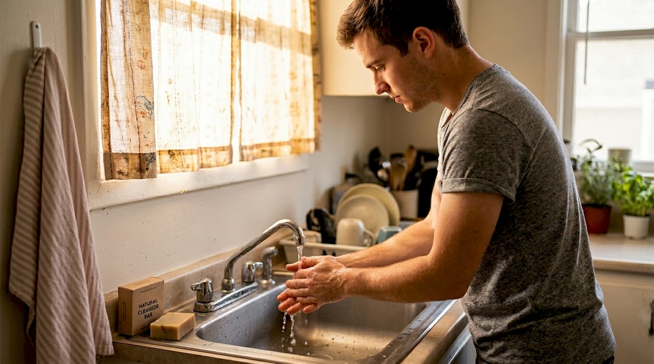 Rinsing natural cleanser at kitchen sink