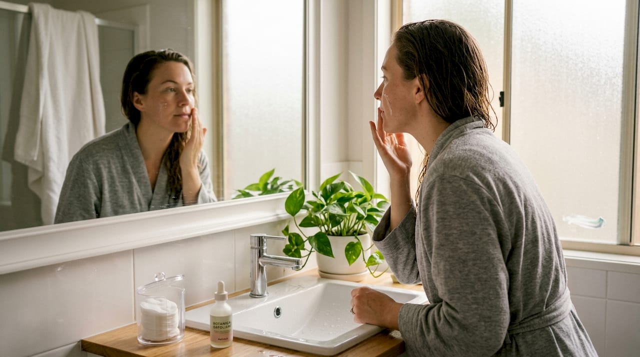 Woman applies plant-based exfoliant in bathroom