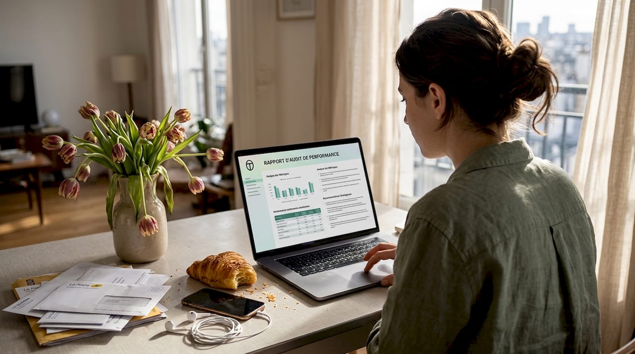 Installée à sa table de cuisine, une femme passe au crible les aspects techniques de sa boutique Shopify.