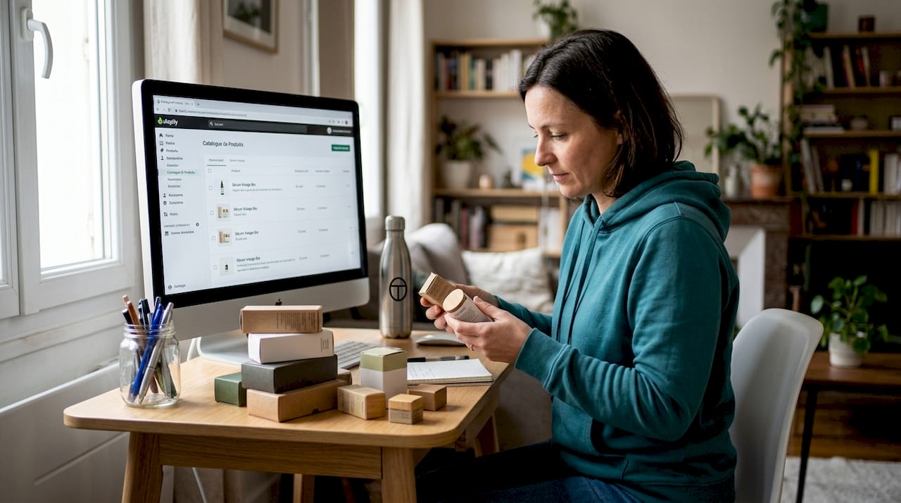 Une femme examine attentivement des emballages de cosmétiques écoresponsables afin d’évaluer leur impact environnemental.