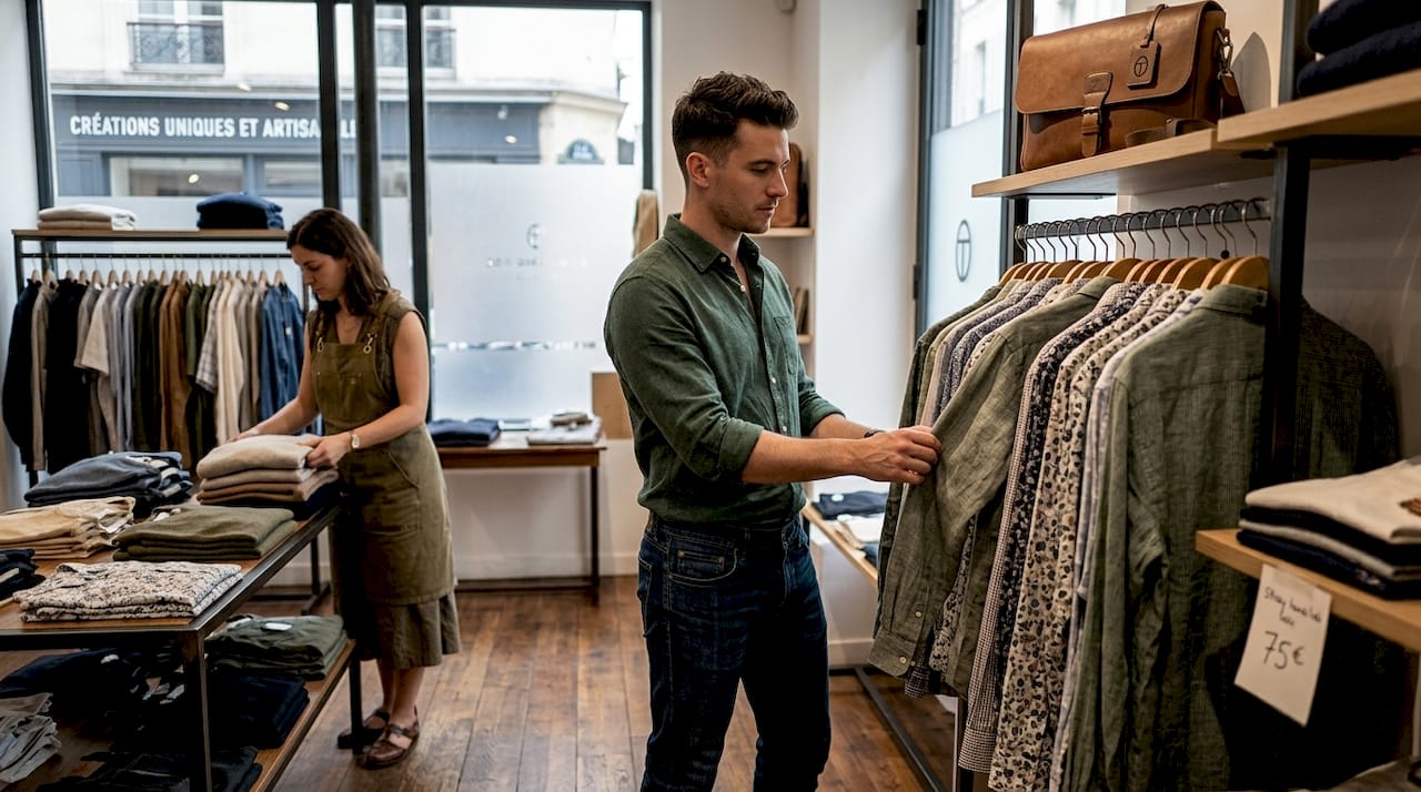 Un client parcourt les rayons de chemises dans une boutique, prenant le temps d’observer les différents modèles avant de faire son choix.