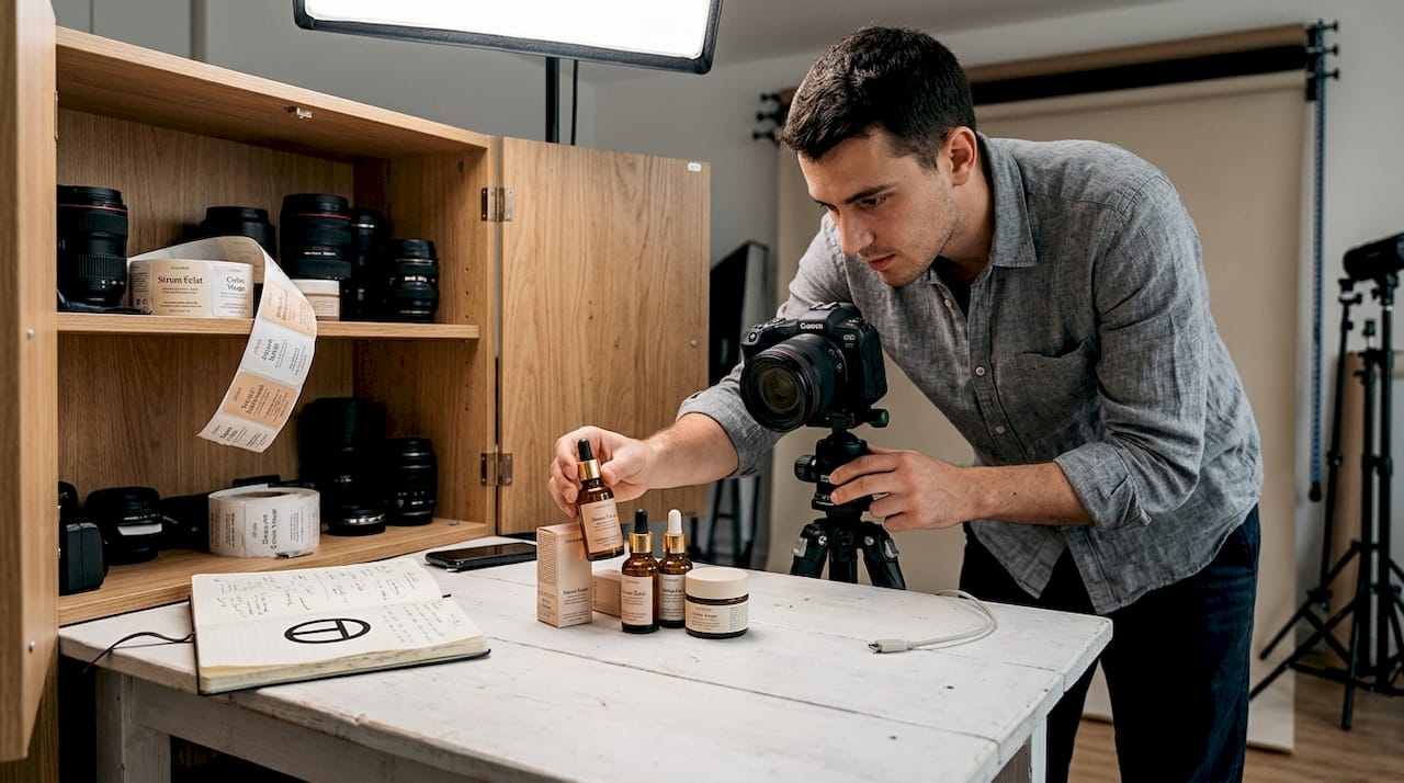 Un homme prépare soigneusement des produits de beauté pour une séance photo.