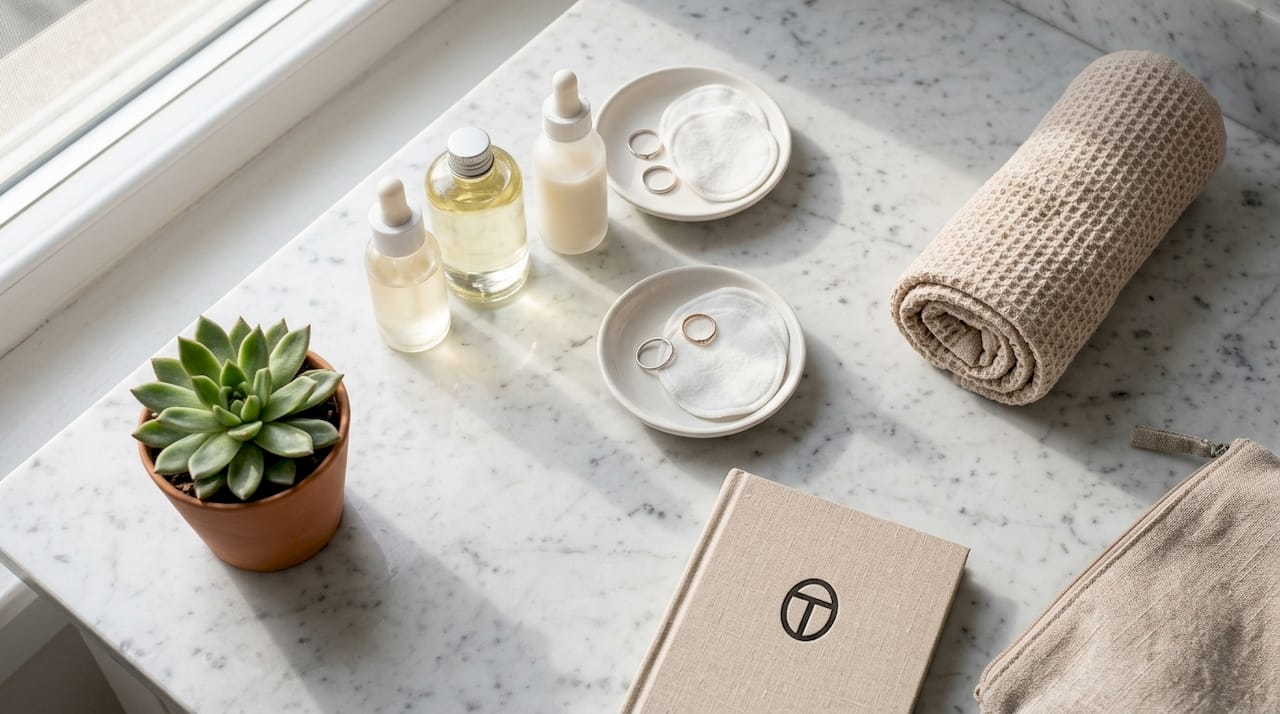 Des soins de beauté épurés soigneusement disposés sur un élégant plan de travail en marbre dans la salle de bain.