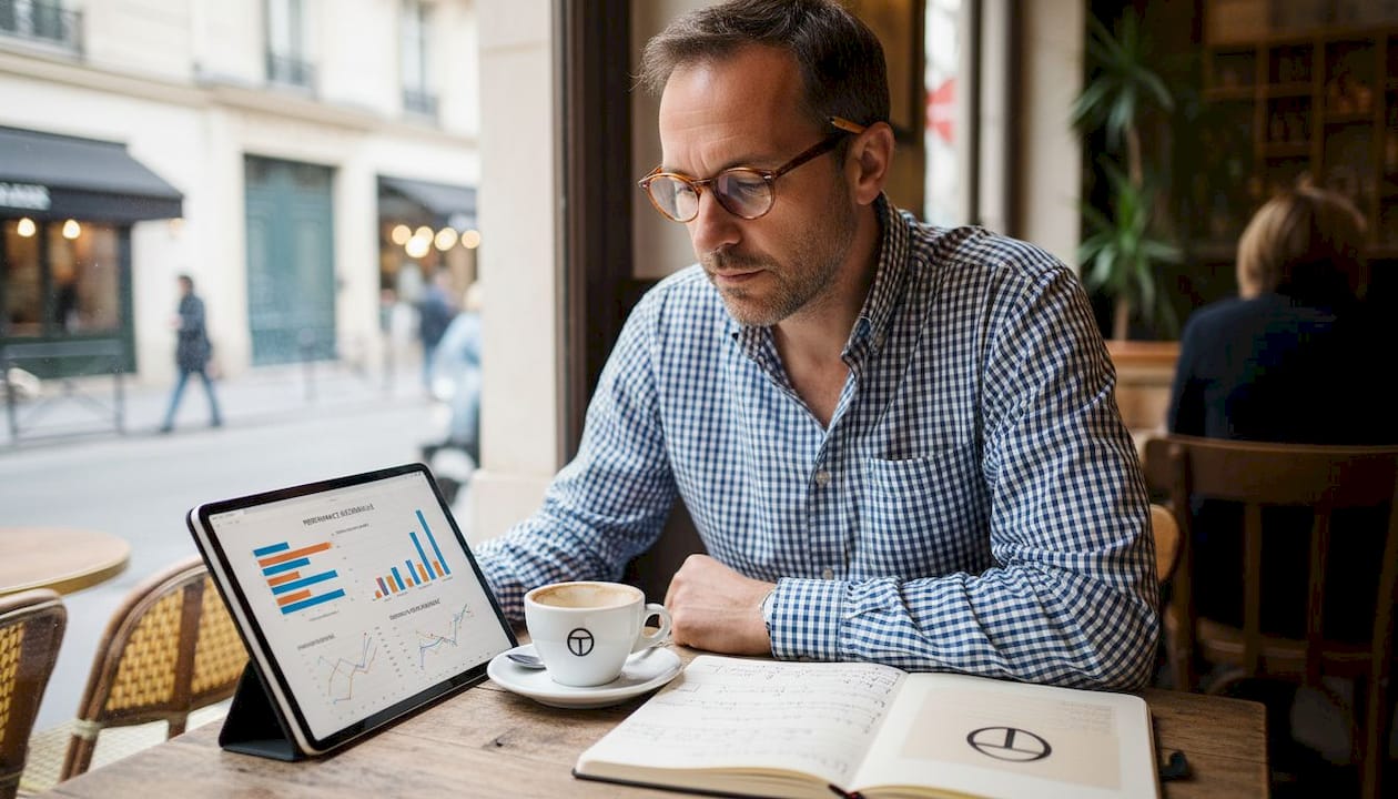 Un homme installé dans un café passe en revue les derniers indicateurs de performance du e-commerce pour comparer les tendances du marché.