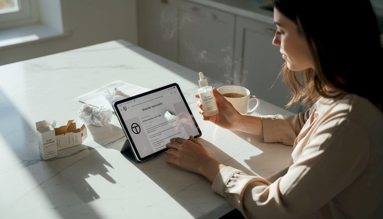 Consommateur comparant les informations des fiches produits beauté