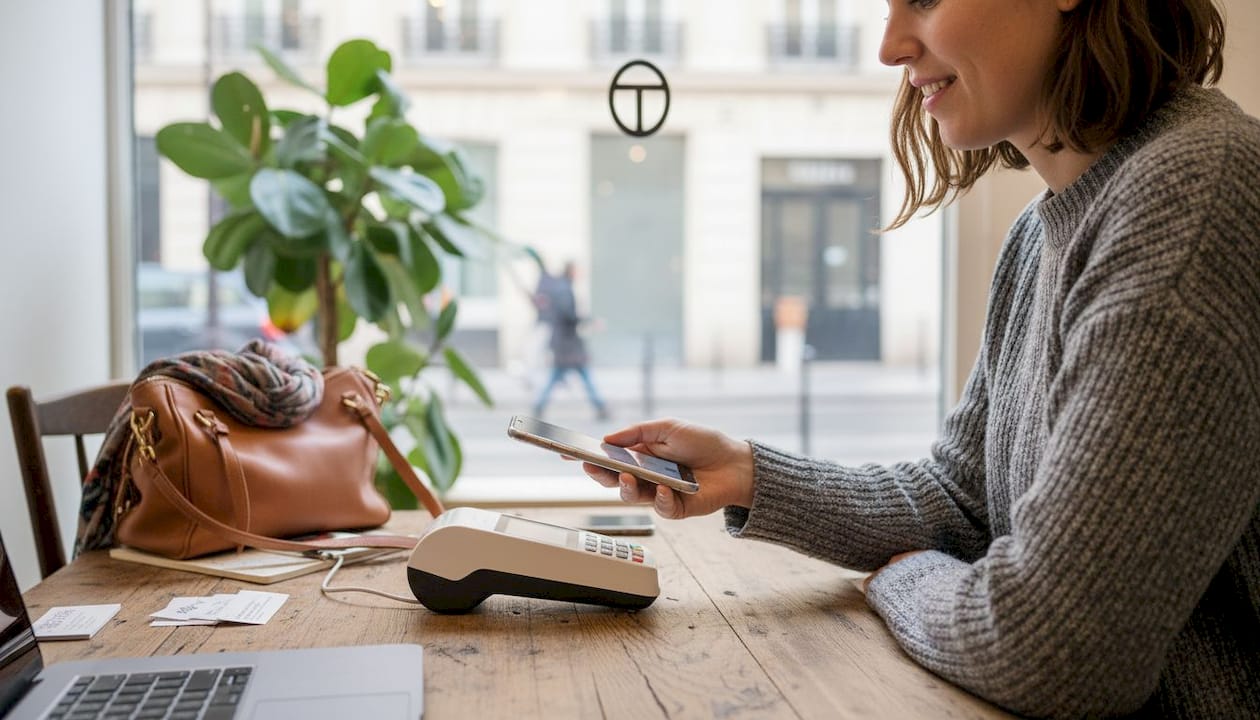 Une femme règle ses achats avec Apple Pay dans une boutique en ville.