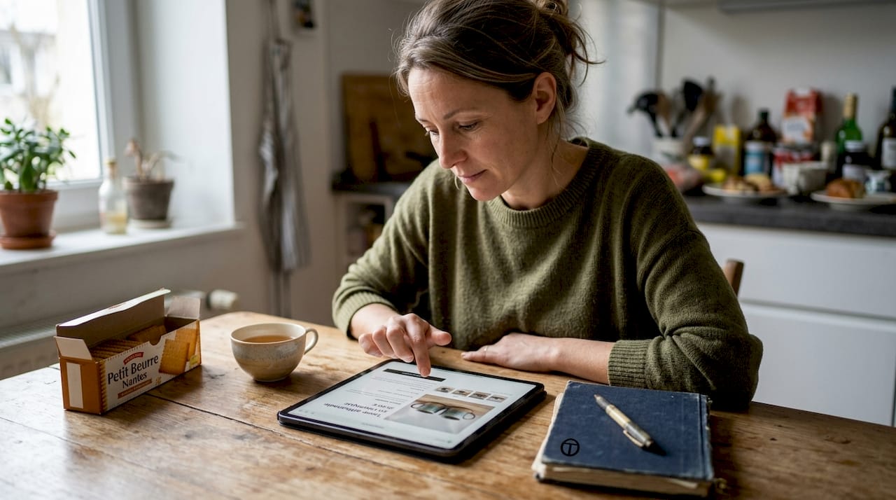 Une femme consulte tranquillement une fiche produit sur Shopify depuis son salon.