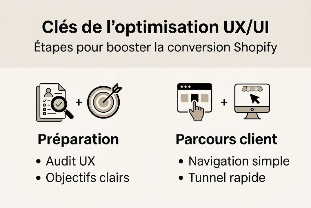 Découvrez en un coup d’œil les étapes incontournables d’un parcours UX/UI réussi sur Shopify grâce à notre infographie dédiée.