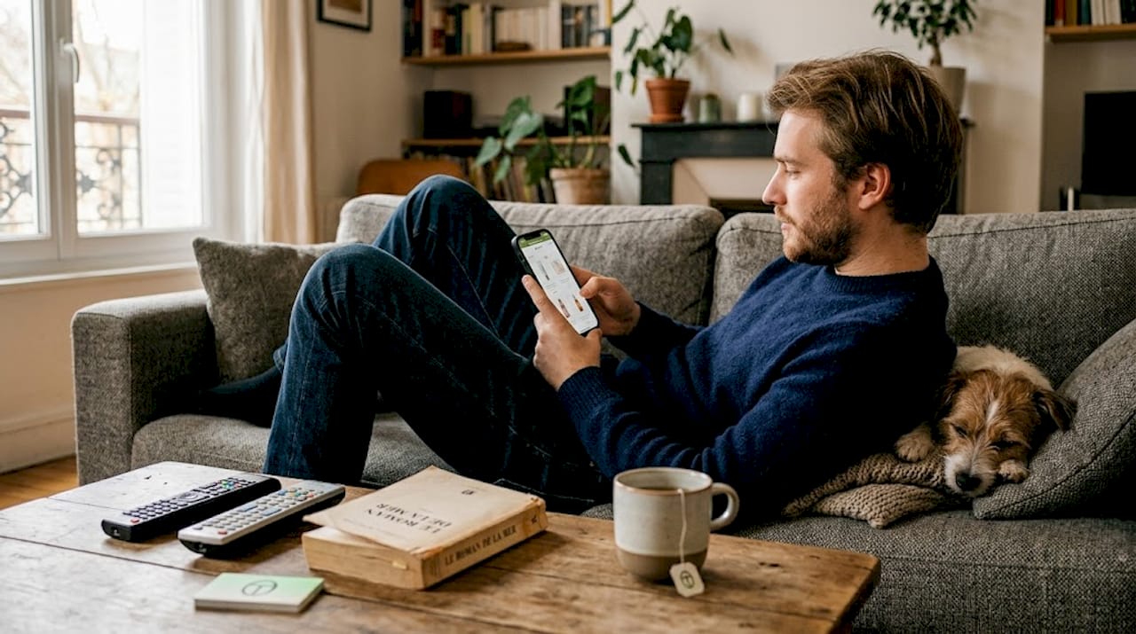 Une personne confortablement installée sur son canapé teste la navigation d'une boutique en ligne depuis son smartphone.