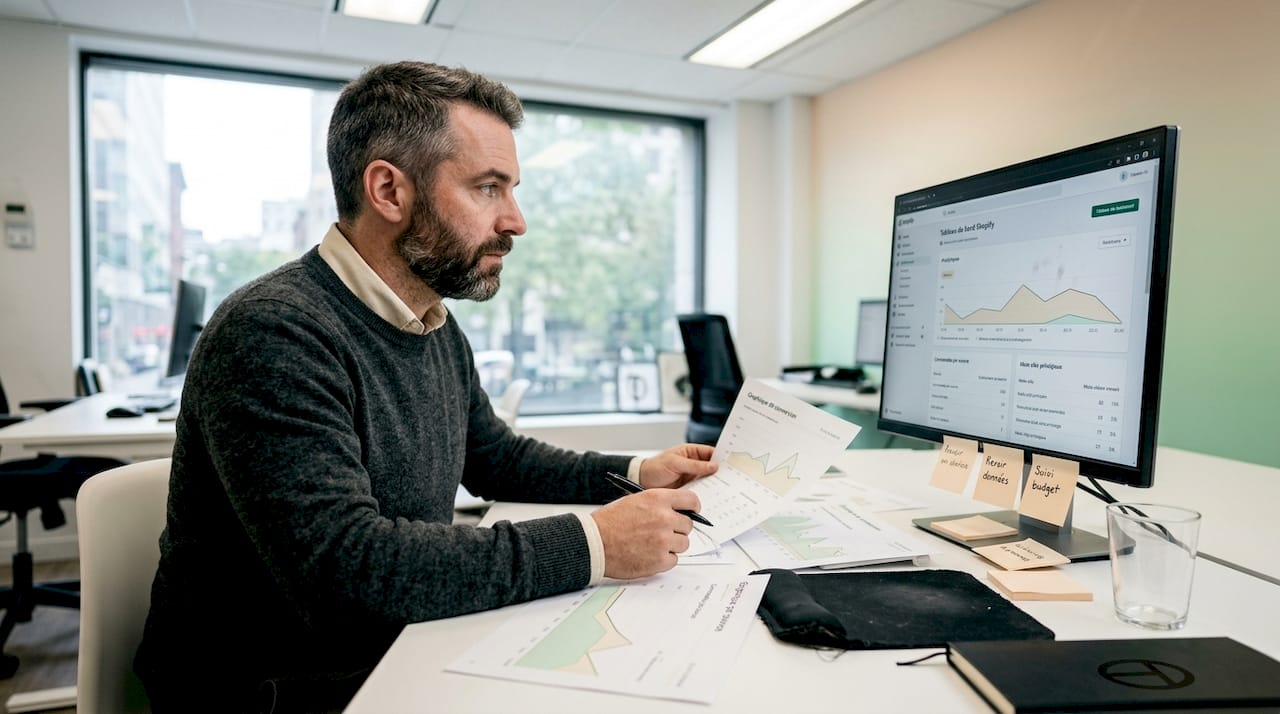 Un homme consulte les statistiques de sa boutique Shopify dans un bureau à l’ambiance décontractée.