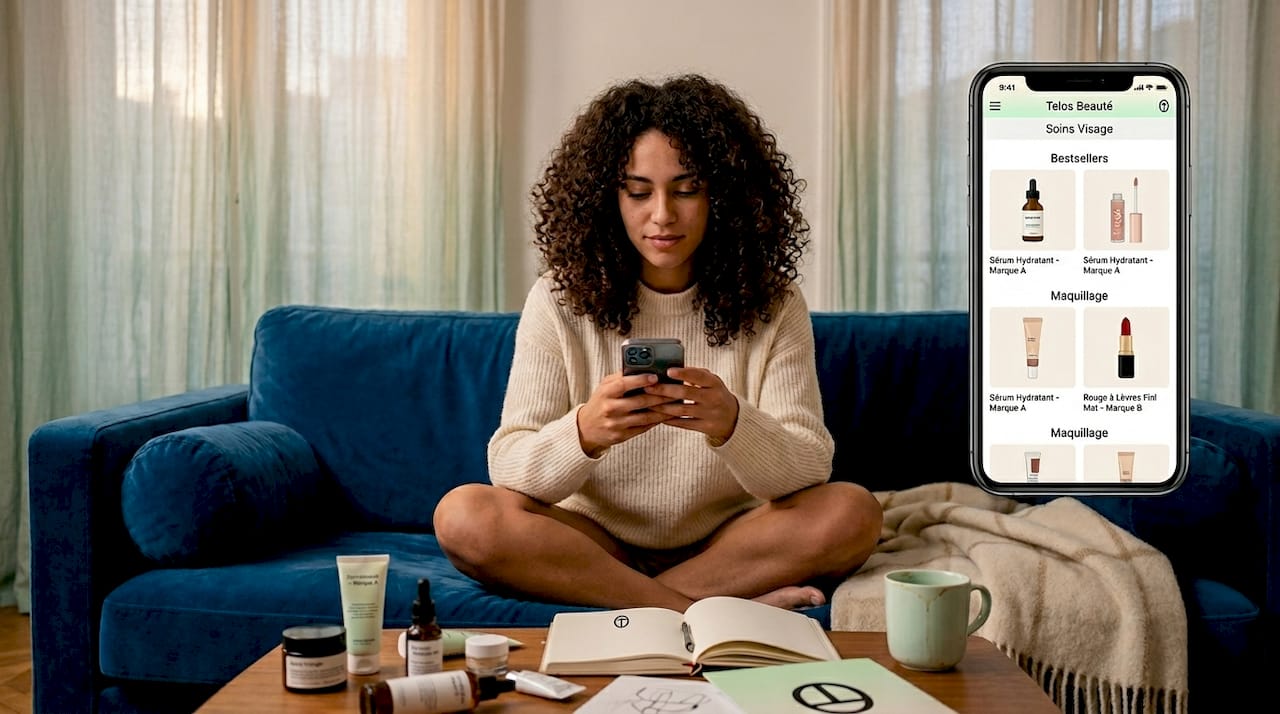 Une femme parcourt des produits de beauté et fait ses achats directement depuis son smartphone.