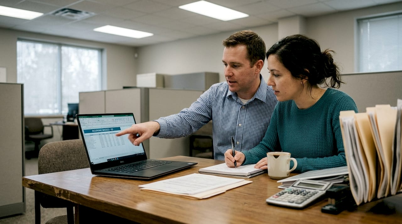 Accountants discuss automated workflows at meeting table