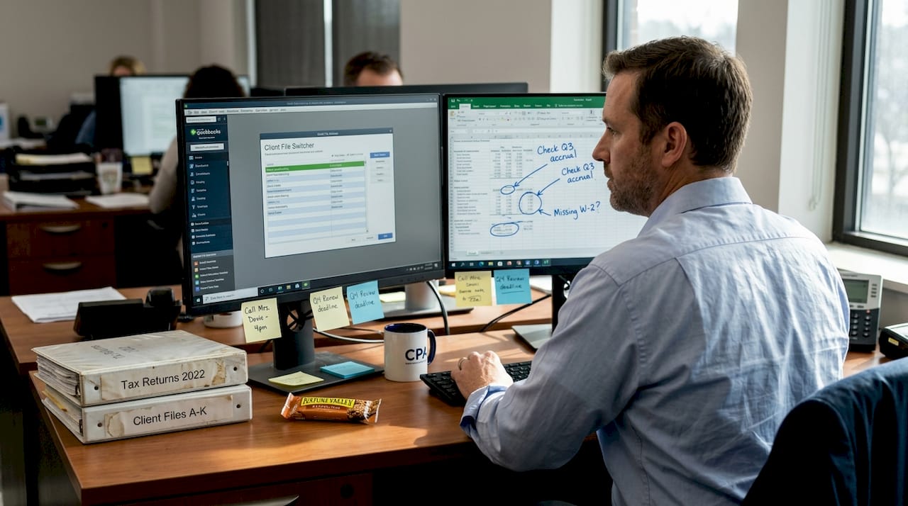 Accountant managing client files in desktop software