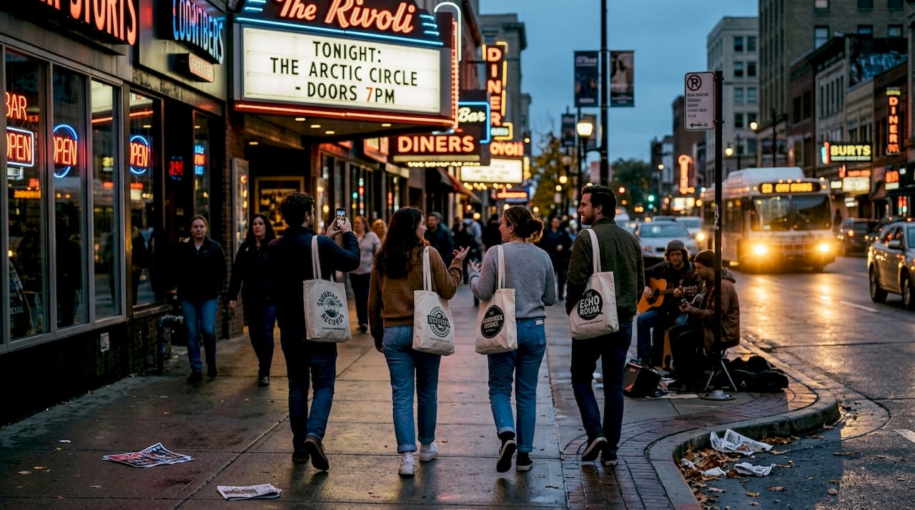 Fans arriving for concert in lively city