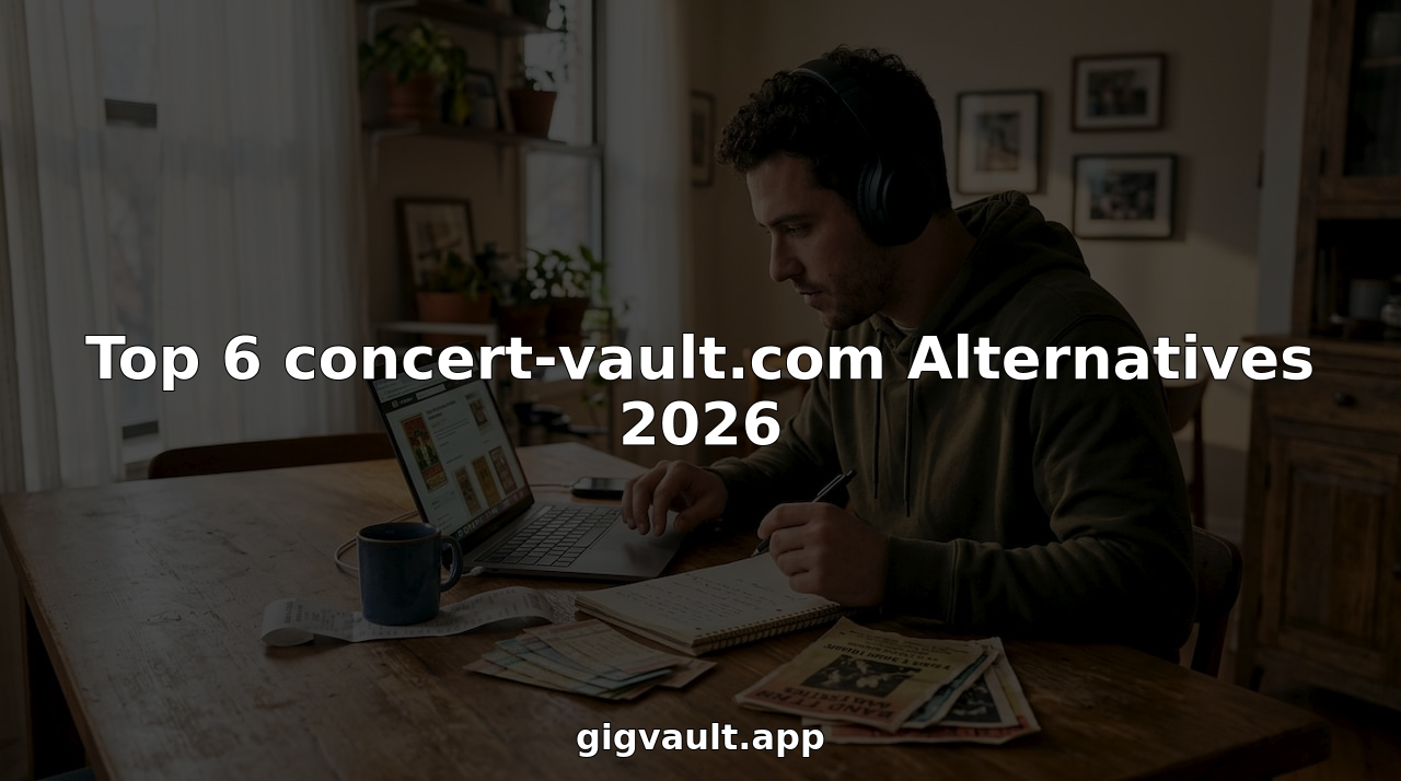 Man researches concert memorabilia at kitchen table