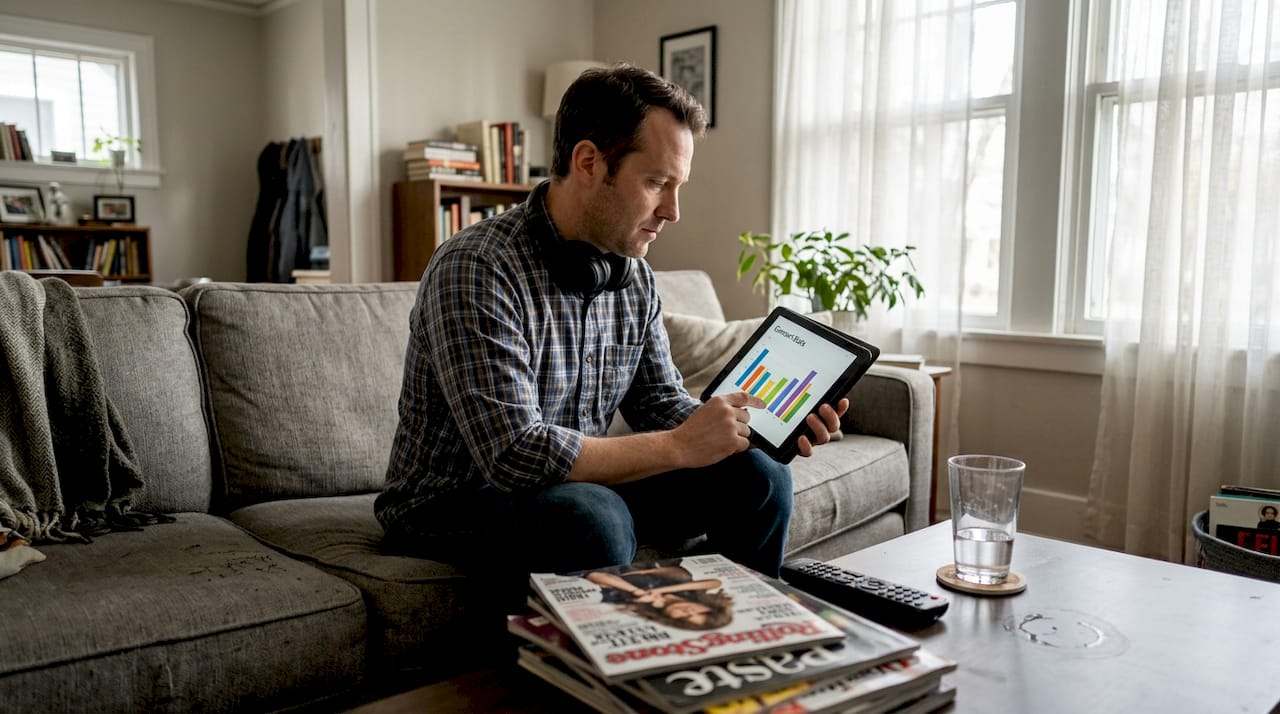 Man viewing concert stats on tablet