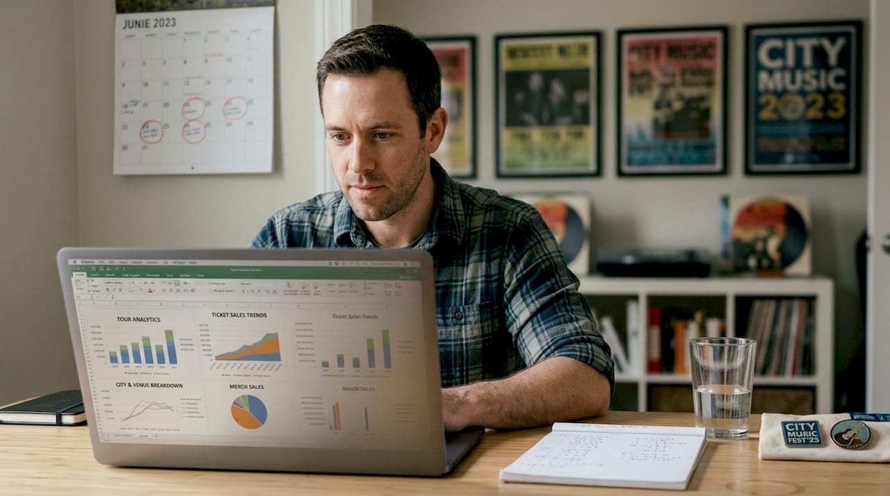 Man checking concert stats at home desk