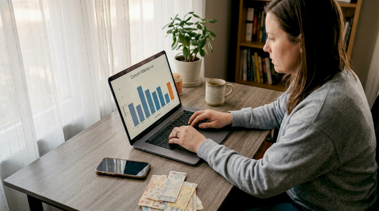 Woman checking concert attendance stats laptop