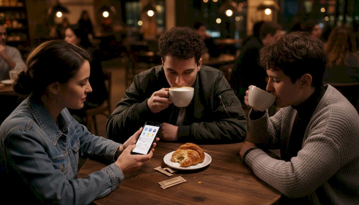 Friends comparing concert achievements with phones