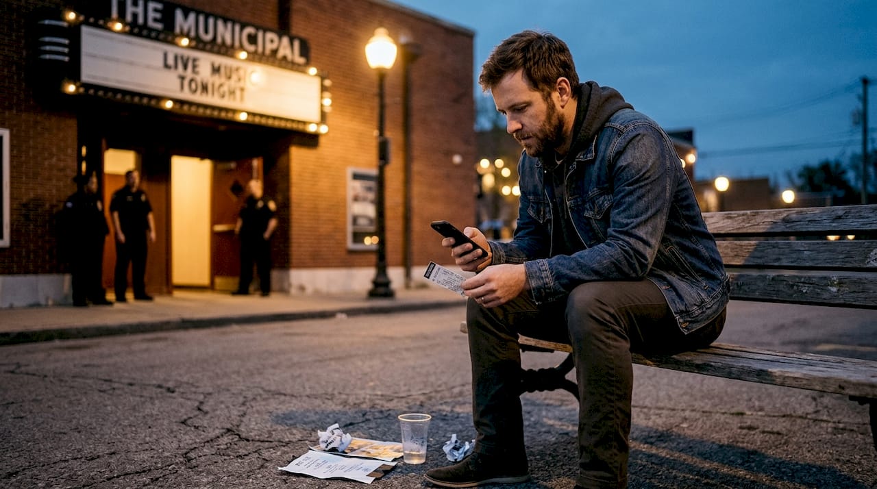 Fan documenting concert memories on bench