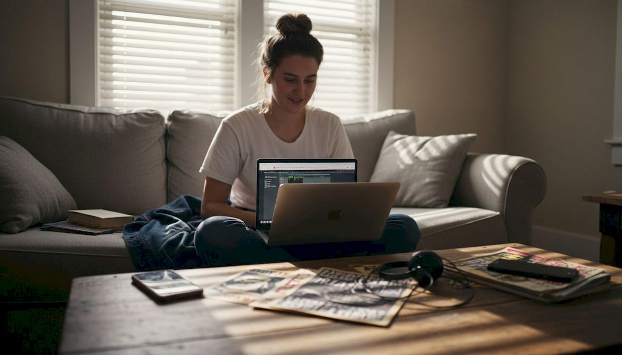 Woman uploading live concert recording from couch