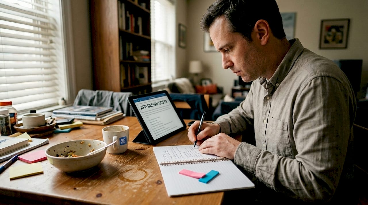 Developer studying app design expenses at home