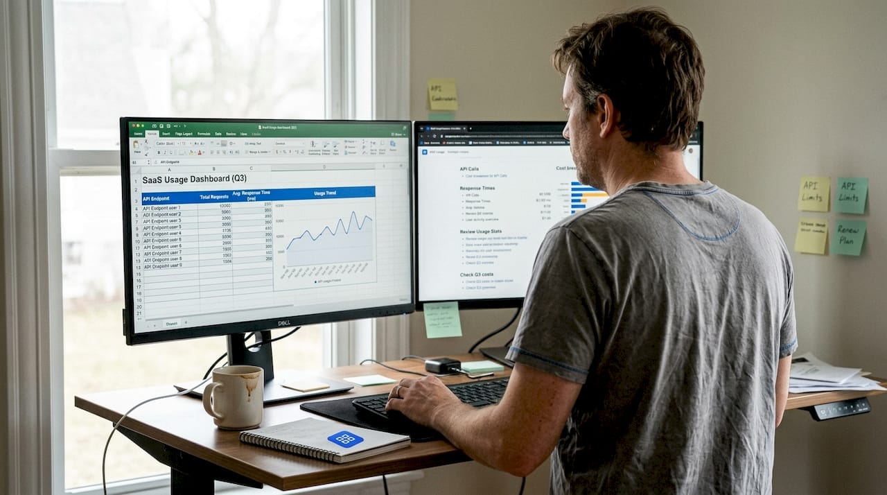 Home office scene analyzing SaaS usage data