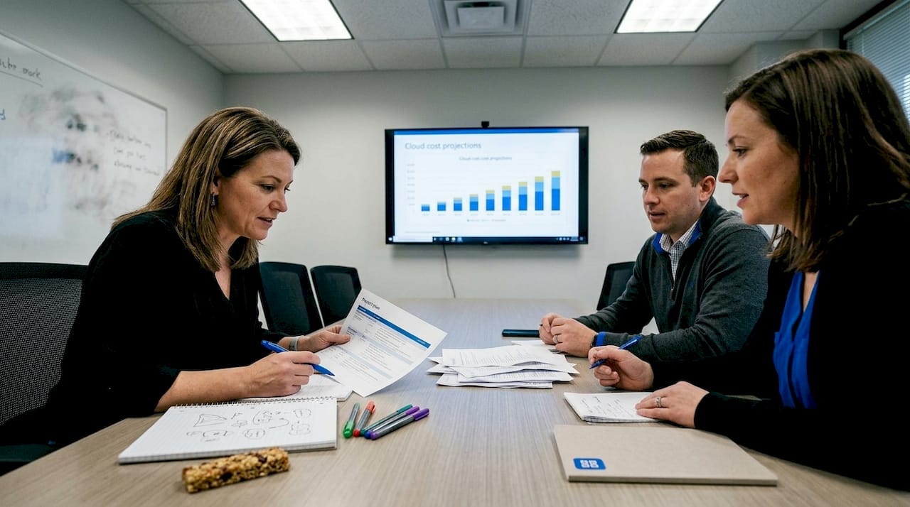 Team reviewing project plan and budgets