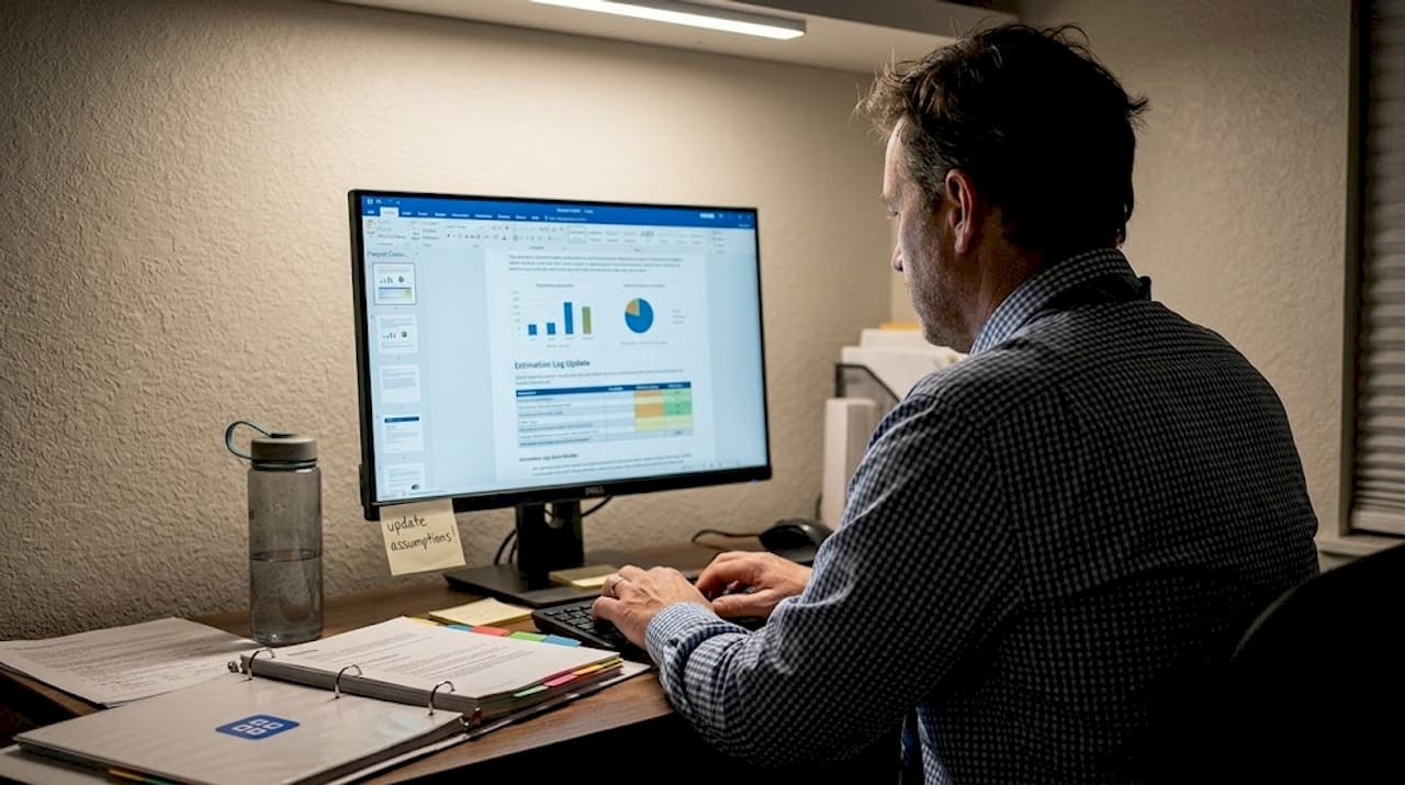 Analyst updating project assumptions document at desk