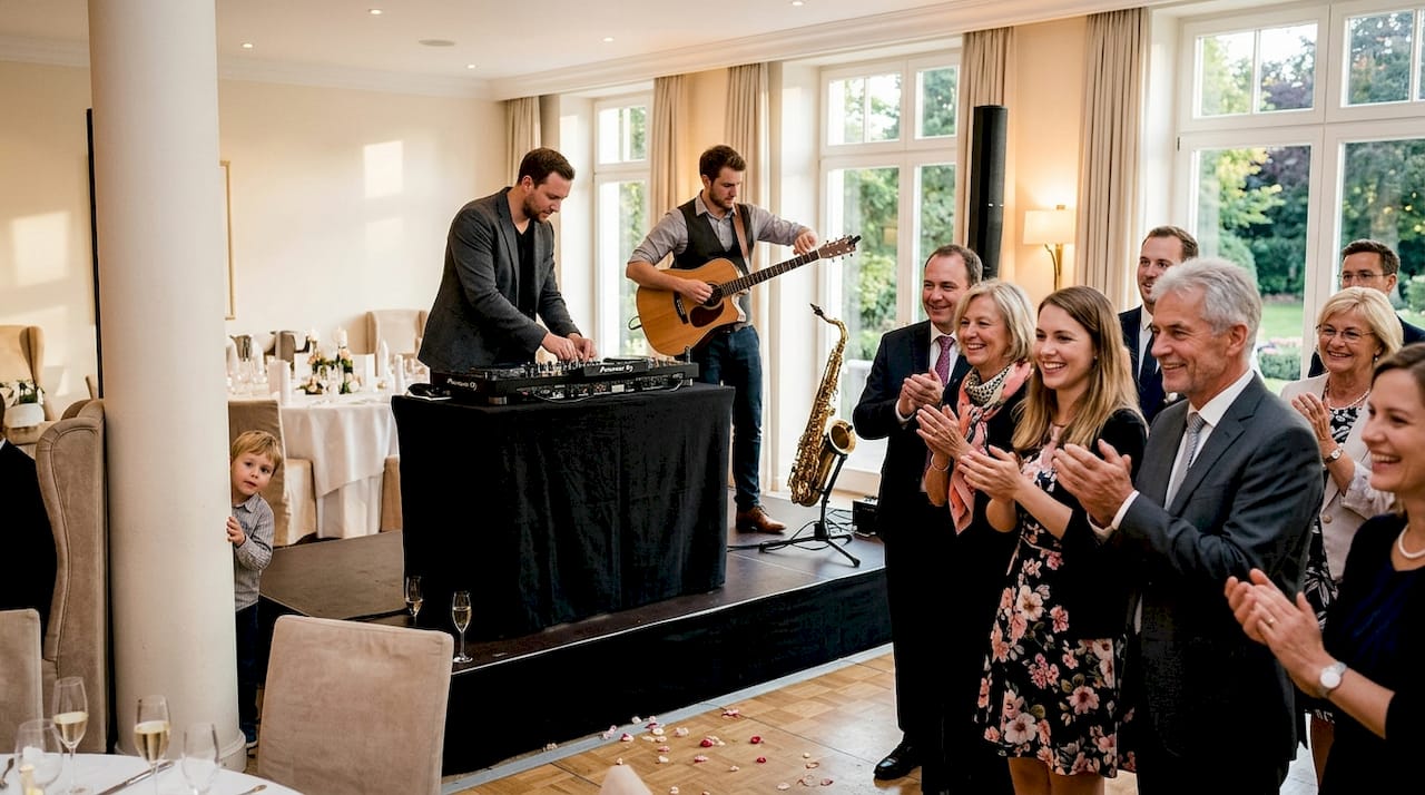 Die Hochzeitsgäste feiern ausgelassen zu Live-Musik und DJ-Sounds.