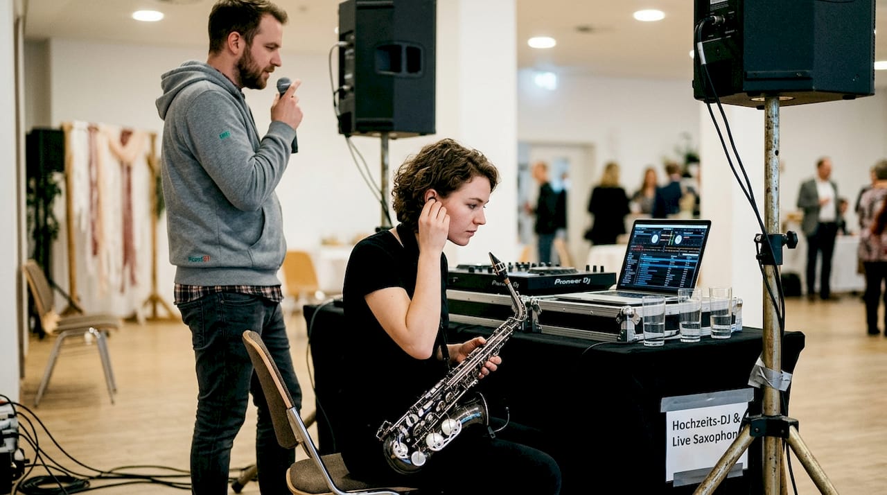 DJ und Saxophonist proben gemeinsam den Sound für die Hochzeitsfeier.