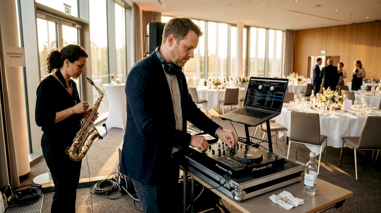 DJ und Saxophonist stimmen gemeinsam die Musik für die Hochzeit ab und bereiten ihr Setup vor.