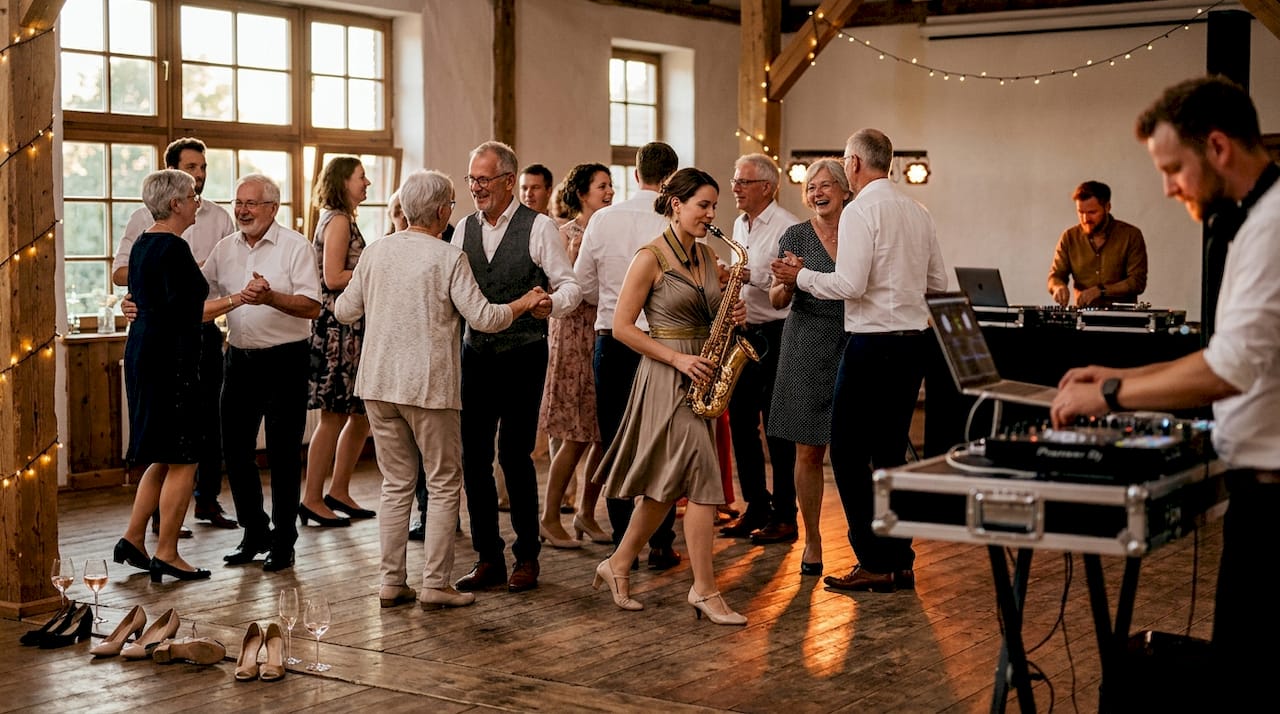 Ausgelassene Stimmung auf der Tanzfläche: Die Gäste feiern zu den Beats des DJs, während eine Saxophonistin live für besondere musikalische Highlights sorgt.