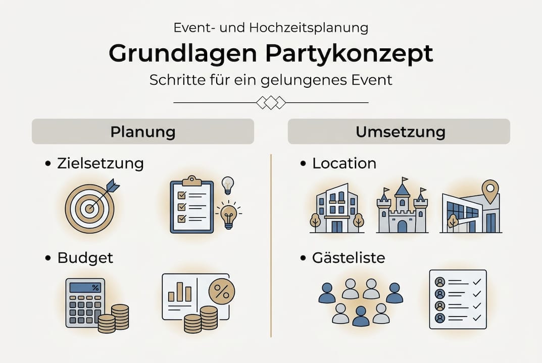 Infografik: Die wichtigsten Bausteine für dein Partykonzept – alle Planungsschritte im Überblick