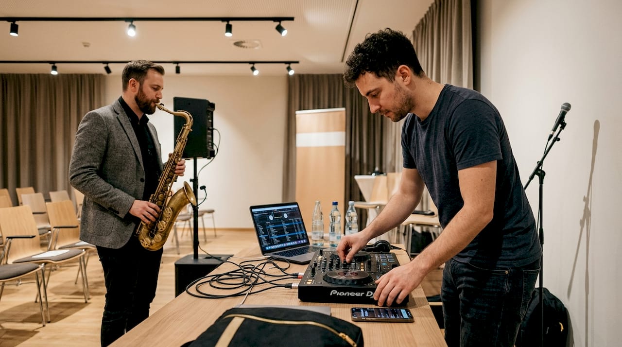 Der DJ und der Saxophonist bereiten gerade alles für die Veranstaltung vor.