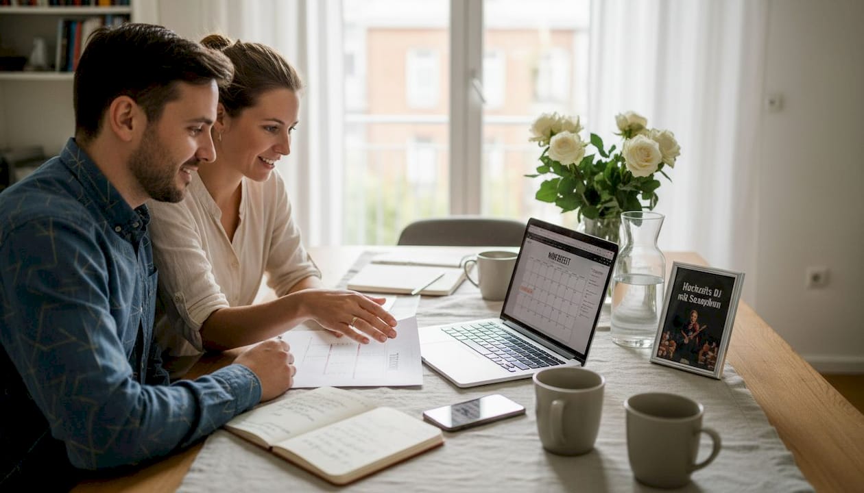 Ein Paar sitzt zusammen und bespricht die Unterlagen für die Hochzeitsplanung.