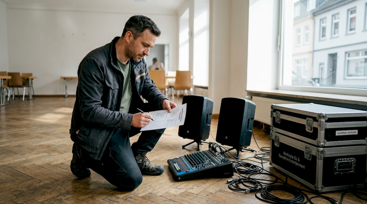 Ein Tontechniker stellt die Checkliste für den Soundcheck zusammen.
