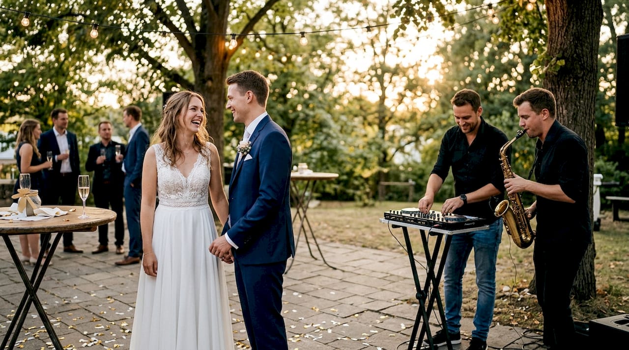 Ein entspanntes Hochzeitsfest auf der Terrasse mit einem DJ und Live-Saxophon – perfekte Atmosphäre für das Brautpaar und die Gäste.