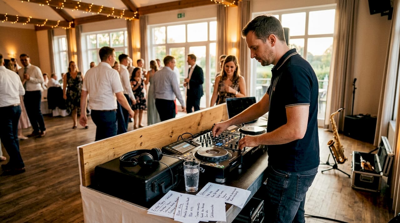 Ein DJ sorgt auf der Hochzeitsfeier für die richtige Stimmung und legt Musik auf.