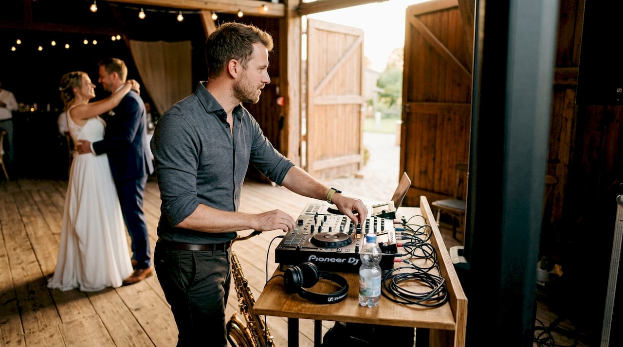 Ein DJ sorgt auf einer Hochzeitsfeier in Niedersachsen für Stimmung.