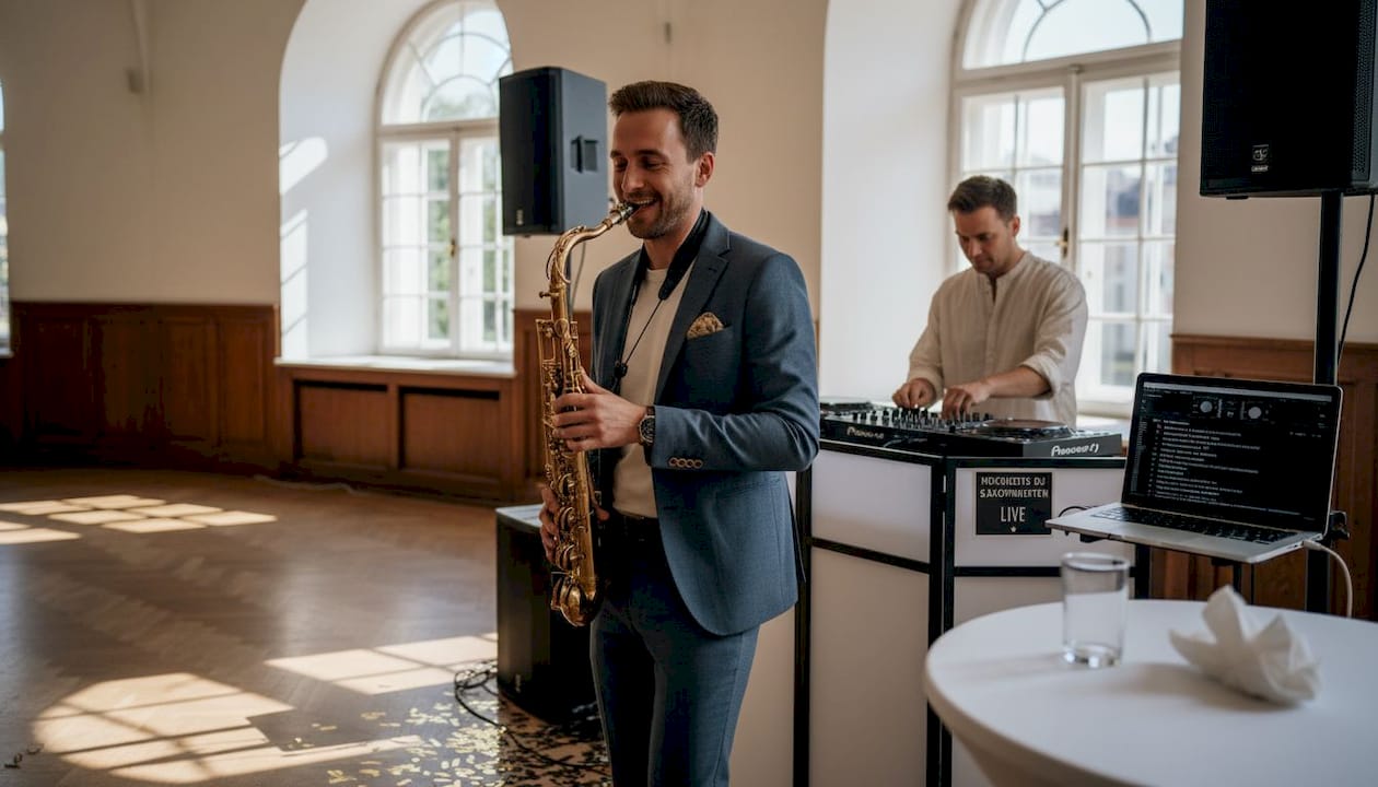 Für die perfekte Stimmung auf eurer Hochzeit: Ein DJ und ein Saxophonist sorgen gemeinsam für unvergessliche musikalische Highlights.