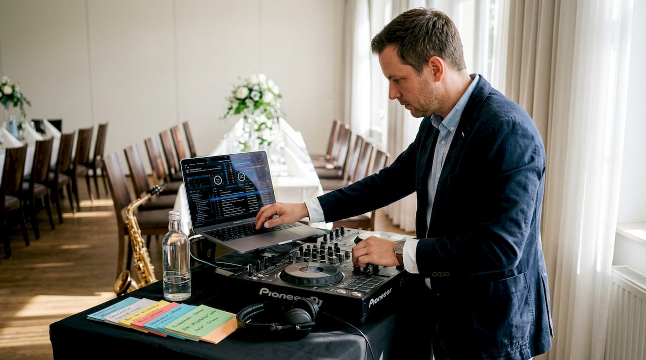 Ein DJ bereitet sein Equipment für die Hochzeitsfeier vor und stellt den perfekten Sound ein.