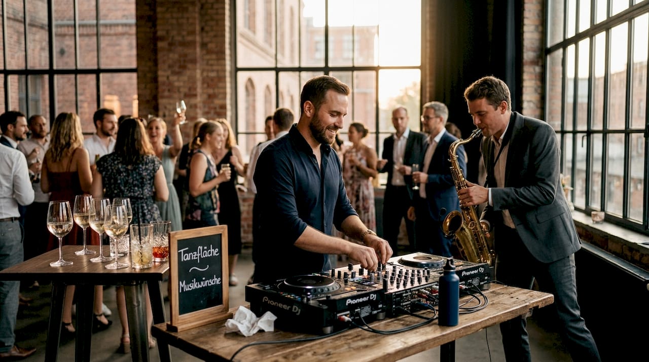 Stimmungsvolle Hochzeitsfeier mit DJ und Saxophonist – die Gäste tanzen ausgelassen zur Musik.