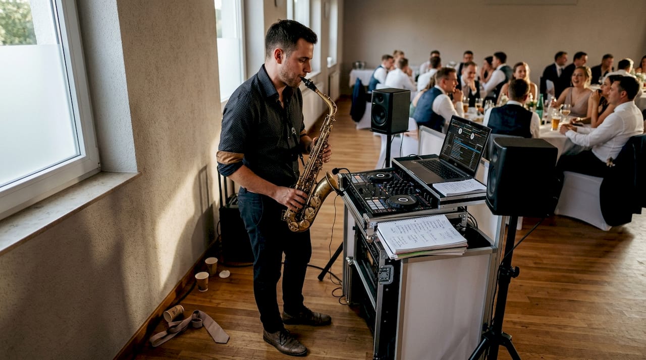 Unser DJ sorgt nicht nur für die richtige Stimmung, sondern begeistert eure Gäste auch live am Saxophon auf eurer Hochzeit.